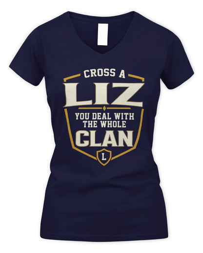 LIZ NT1-K008 Cross A/An NAME, You Deal With the Whole Clan | Personalized Vintage T-Shirt - Women's V-Neck T-Shirt - Navy