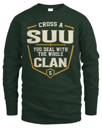 SUU NT1-K008 Cross A/An NAME, You Deal With the Whole Clan | Personalized Vintage T-Shirt - Men's Long Sleeved T-Shirt - Forest Green