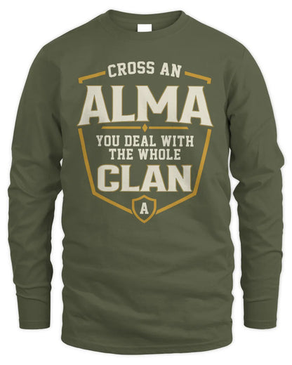 ALMA NT1-K008 Cross A/An NAME, You Deal With the Whole Clan | Personalized Vintage T-Shirt - Men's Long Sleeved T-Shirt - Military Green