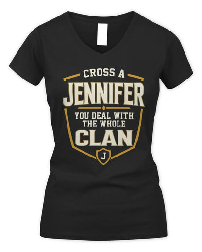 JENNIFER NT1-K008 Cross A/An NAME, You Deal With the Whole Clan | Personalized Vintage T-Shirt - Women's V-Neck T-Shirt - Black