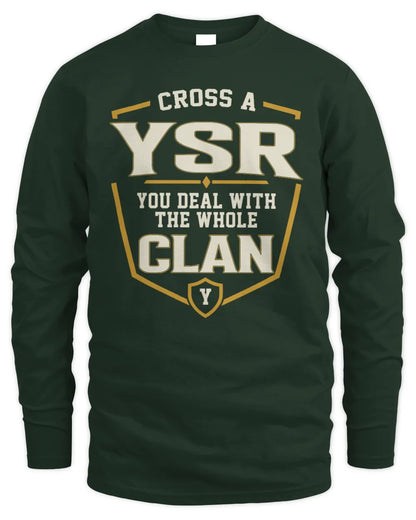 YSR NT1-K008 Cross A/An NAME, You Deal With the Whole Clan | Personalized Vintage T-Shirt - Men's Long Sleeved T-Shirt - Forest Green