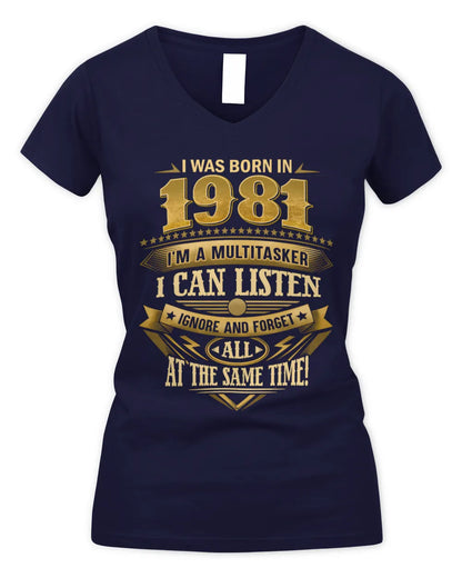 1981 HH89-K2 – Funny Birth Year Multitasker Quote T-Shirt - Women's V-Neck T-Shirt - Navy
