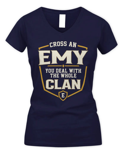 EMY NT1-K008 Cross A/An NAME, You Deal With the Whole Clan | Personalized Vintage T-Shirt - Women's V-Neck T-Shirt - Navy
