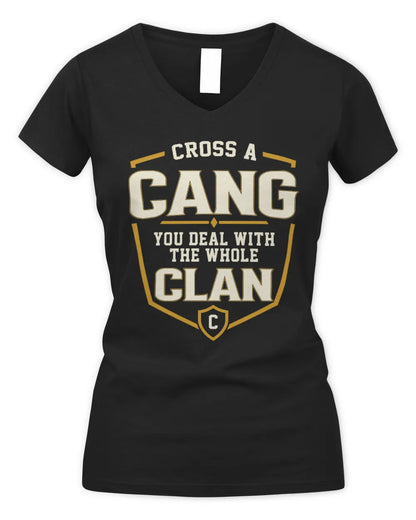 CANG NT1-K008 Cross A/An NAME, You Deal With the Whole Clan | Personalized Vintage T-Shirt - Women's V-Neck T-Shirt - Black
