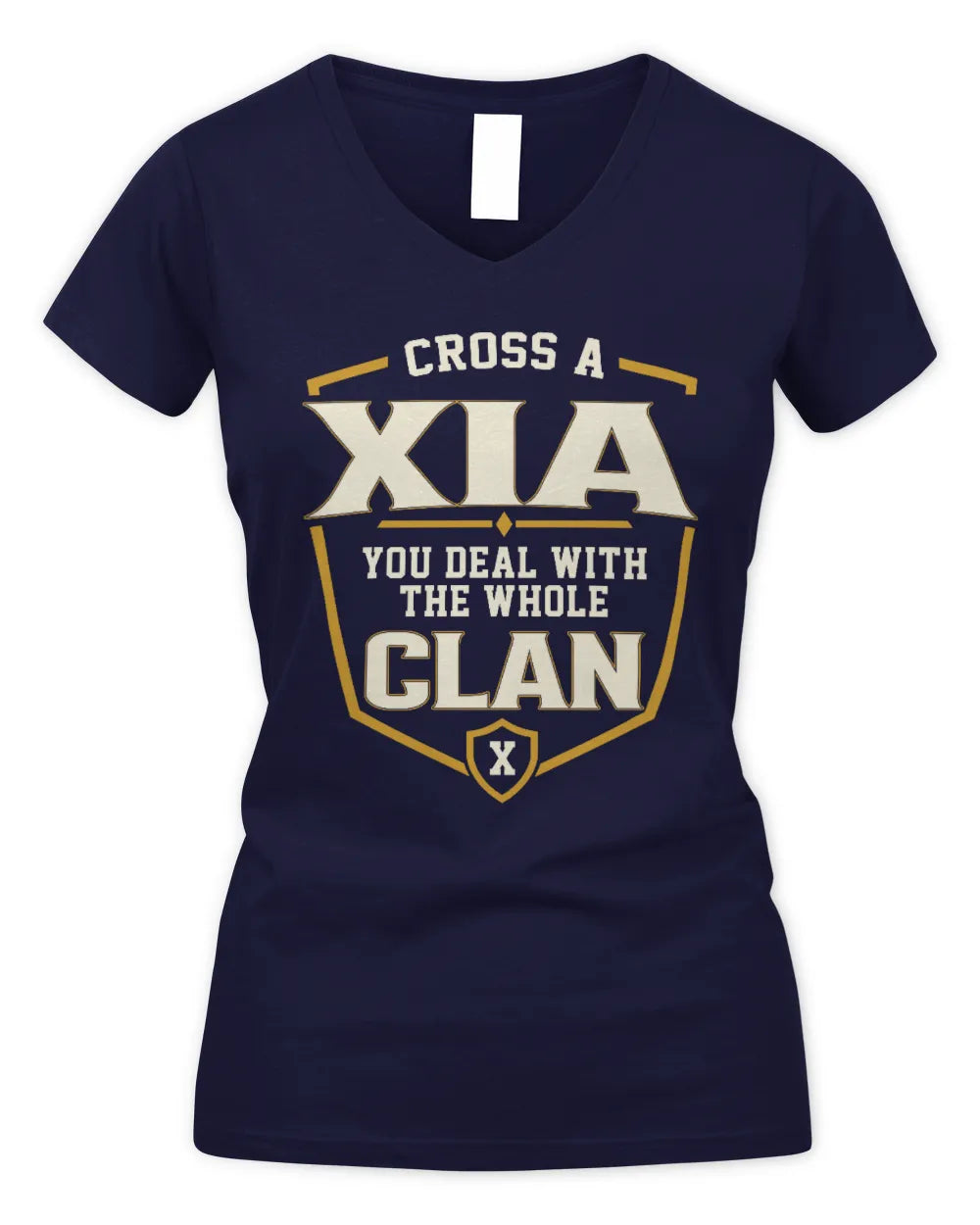 XIA NT1-K008 Cross A/An NAME, You Deal With the Whole Clan | Personalized Vintage T-Shirt - Women's V-Neck T-Shirt - Navy