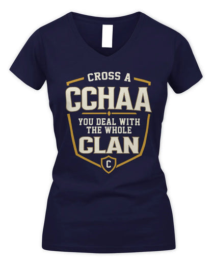 CCHAA NT1-K008 Cross A/An NAME, You Deal With the Whole Clan | Personalized Vintage T-Shirt - Women's V-Neck T-Shirt - Navy