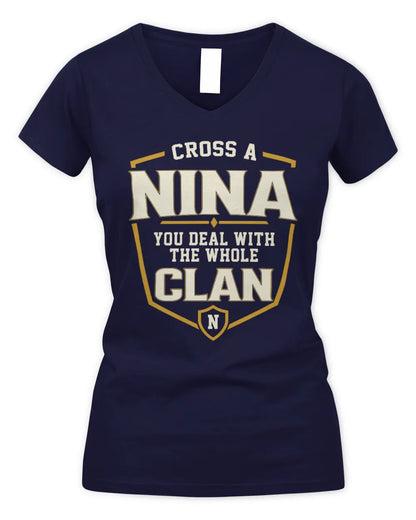 NINA NT1-K008 Cross A/An NAME, You Deal With the Whole Clan | Personalized Vintage T-Shirt - Women's V-Neck T-Shirt - Navy