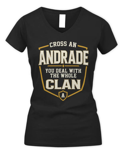 ANDRADE NT1-K008 Cross A/An NAME, You Deal With the Whole Clan | Personalized Vintage T-Shirt - Women's V-Neck T-Shirt - Black