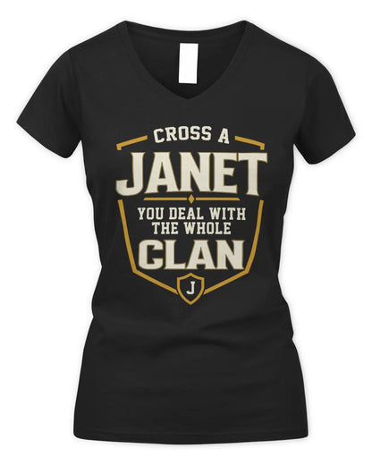 JANET NT1-K008 Cross A/An NAME, You Deal With the Whole Clan | Personalized Vintage T-Shirt - Women's V-Neck T-Shirt - Black