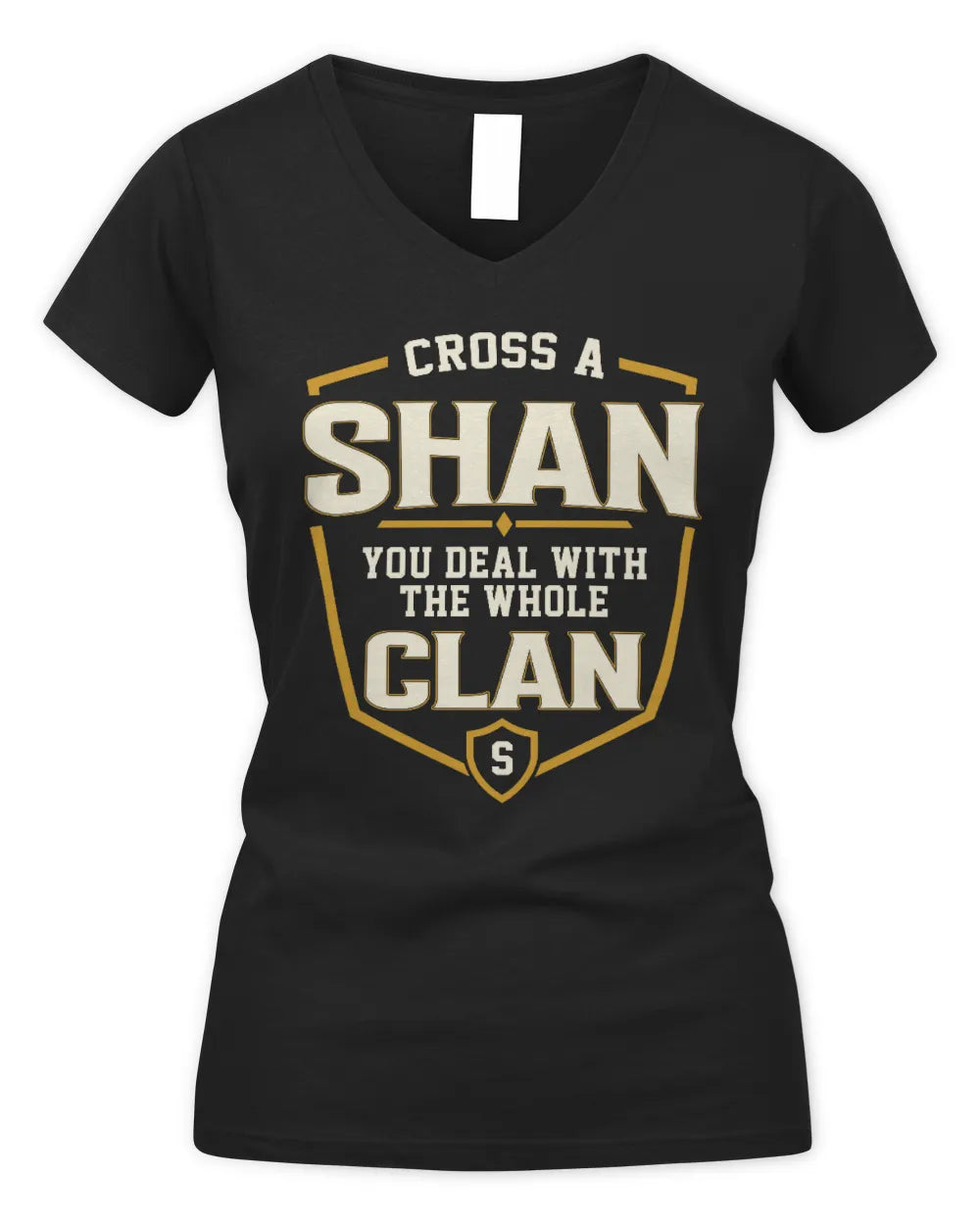 SHAN NT1-K008 Cross A/An NAME, You Deal With the Whole Clan | Personalized Vintage T-Shirt - Women's V-Neck T-Shirt - Black