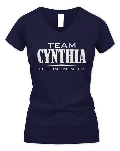 CYNTHIA BL62-K4-128 - Personalized “Team NAME Lifetime Member” - Women's V-Neck T-Shirt - Navy