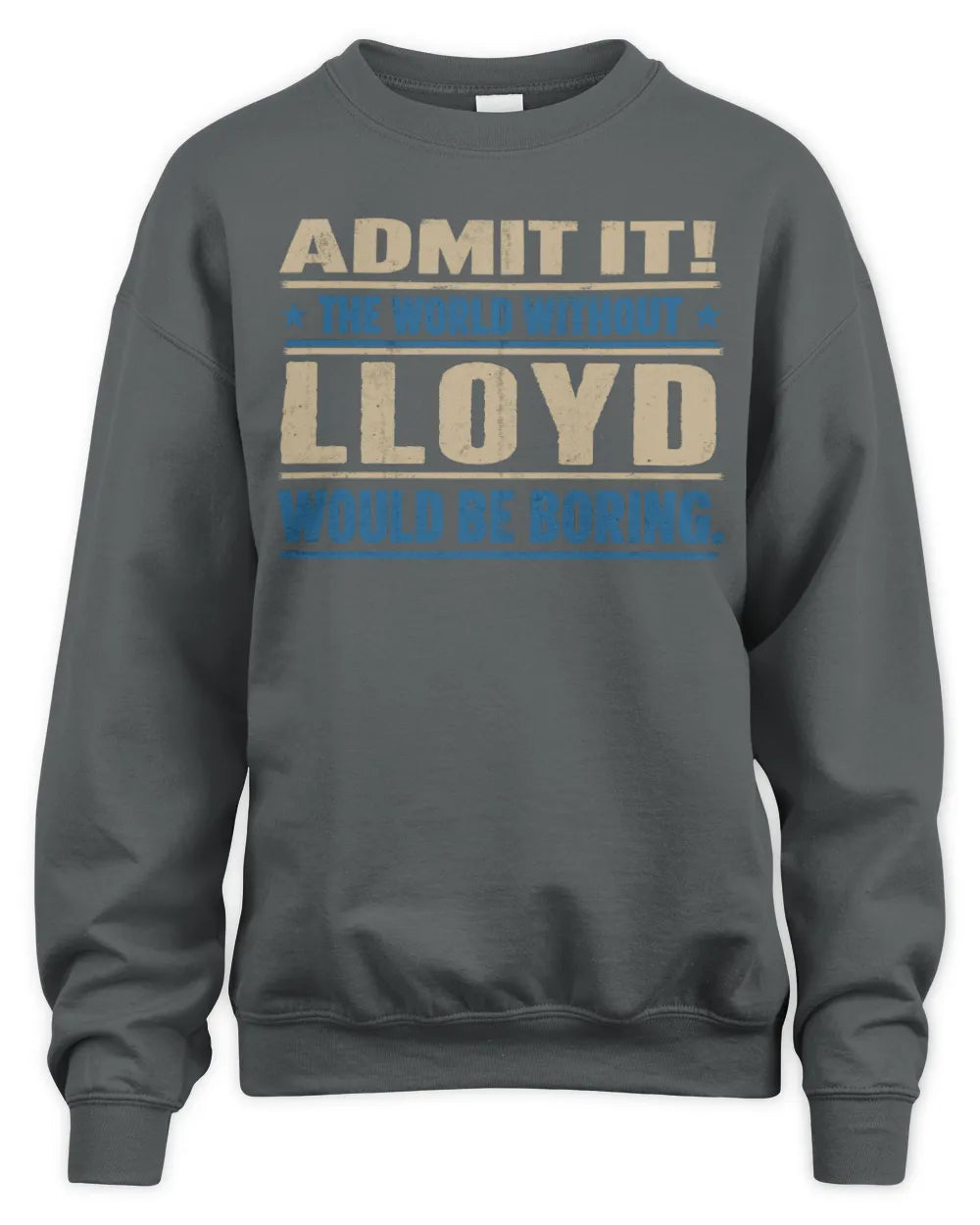 LLOYD TP68-K2-968 – Personalized Funny Quote Apparel “The World Without NAME Would Be Boring” - Unisex Sweatshirt - Charcoal