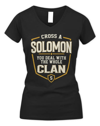SOLOMON NT1-K008 Cross A/An NAME, You Deal With the Whole Clan | Personalized Vintage T-Shirt - Women's V-Neck T-Shirt - Black