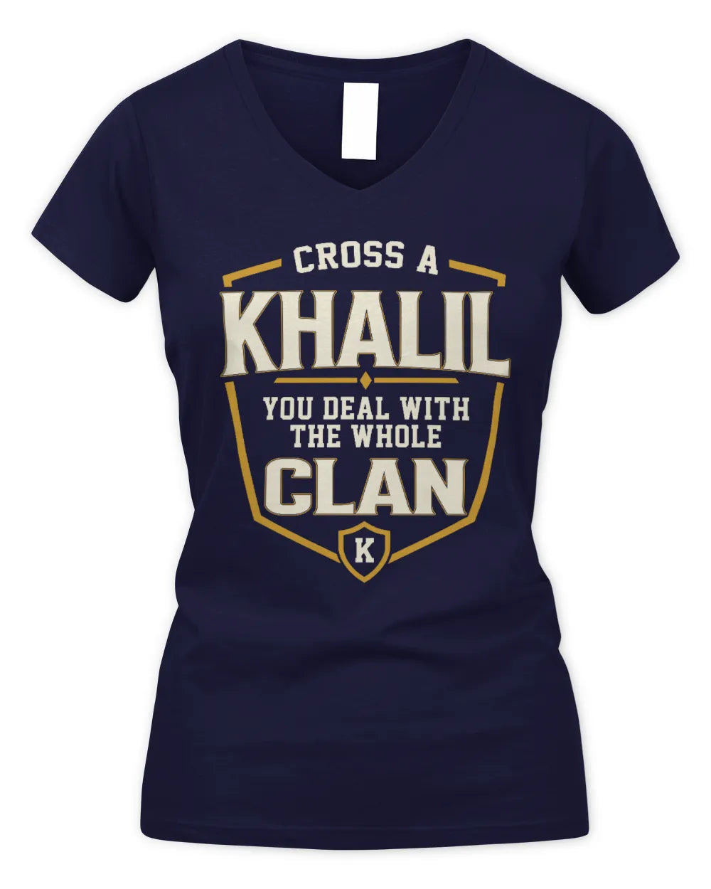 KHALIL NT1-K008 Cross A/An NAME, You Deal With the Whole Clan | Personalized Vintage T-Shirt - Women's V-Neck T-Shirt - Navy