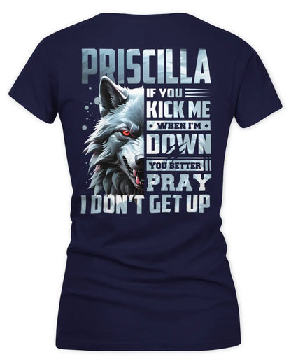 PRISCILLA AP62-K4-666 - Personalized Fierce Wolf Quote Apparel “If You Kick Me When I’m Down, You Better Pray I Don’t Get Up” - Women's V-Neck T-Shirt - Navy