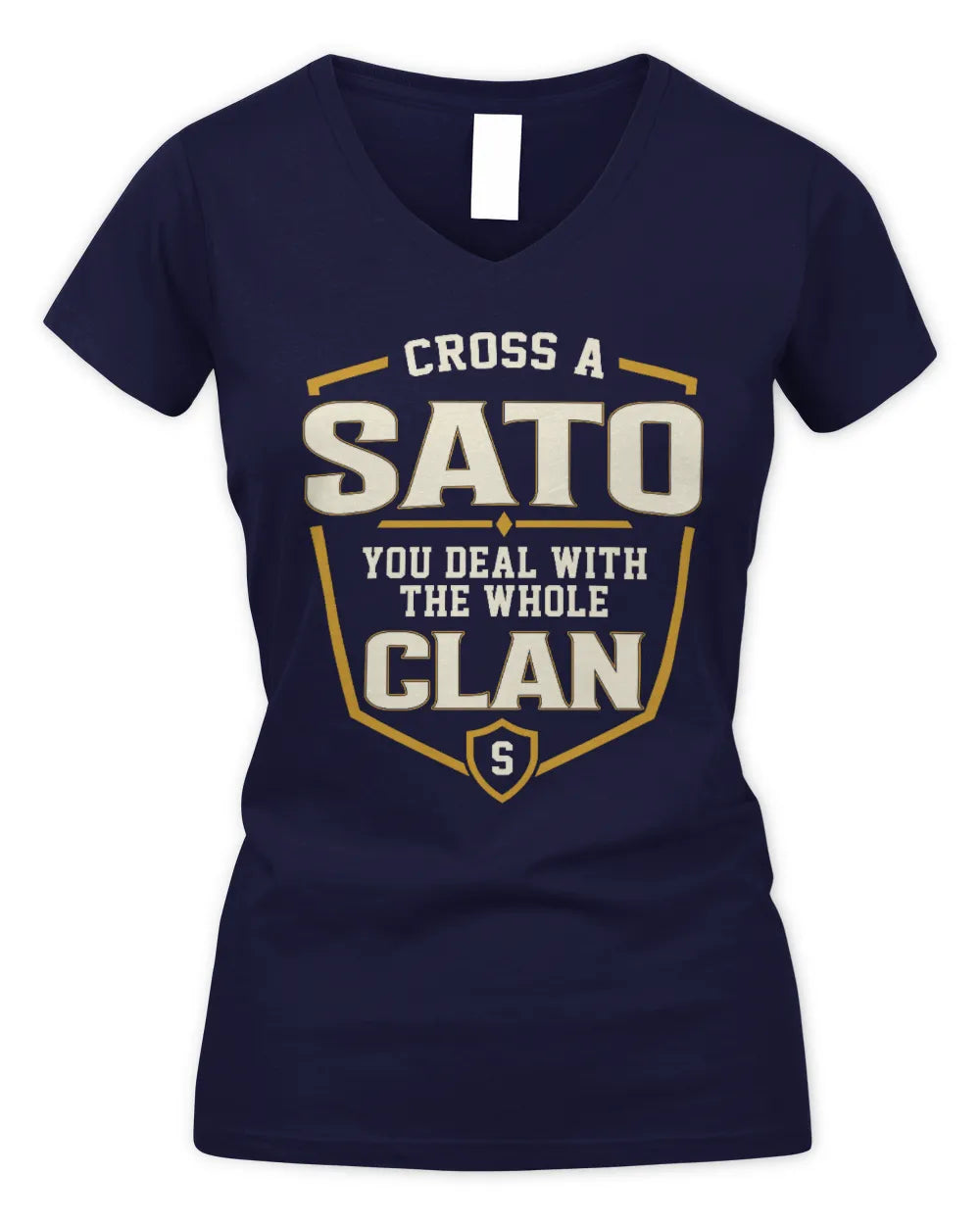 SATO NT1-K008 Cross A/An NAME, You Deal With the Whole Clan | Personalized Vintage T-Shirt - Women's V-Neck T-Shirt - Navy