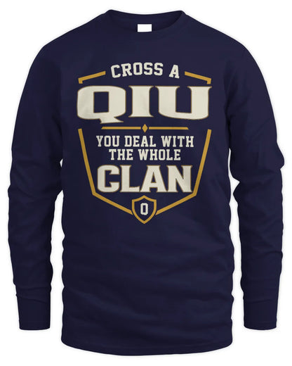 QIU NT1-K008 Cross A/An NAME, You Deal With the Whole Clan | Personalized Vintage T-Shirt - Men's Long Sleeved T-Shirt - Navy