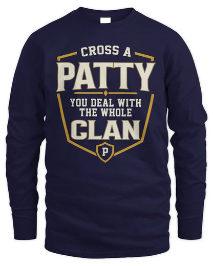 PATTY NT1-K008 Cross A/An NAME, You Deal With the Whole Clan | Personalized Vintage T-Shirt - Men's Long Sleeved T-Shirt - Navy