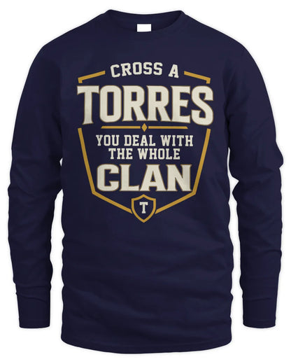 TORRES NT1-K008 Cross A/An NAME, You Deal With the Whole Clan | Personalized Vintage T-Shirt - Men's Long Sleeved T-Shirt - Navy