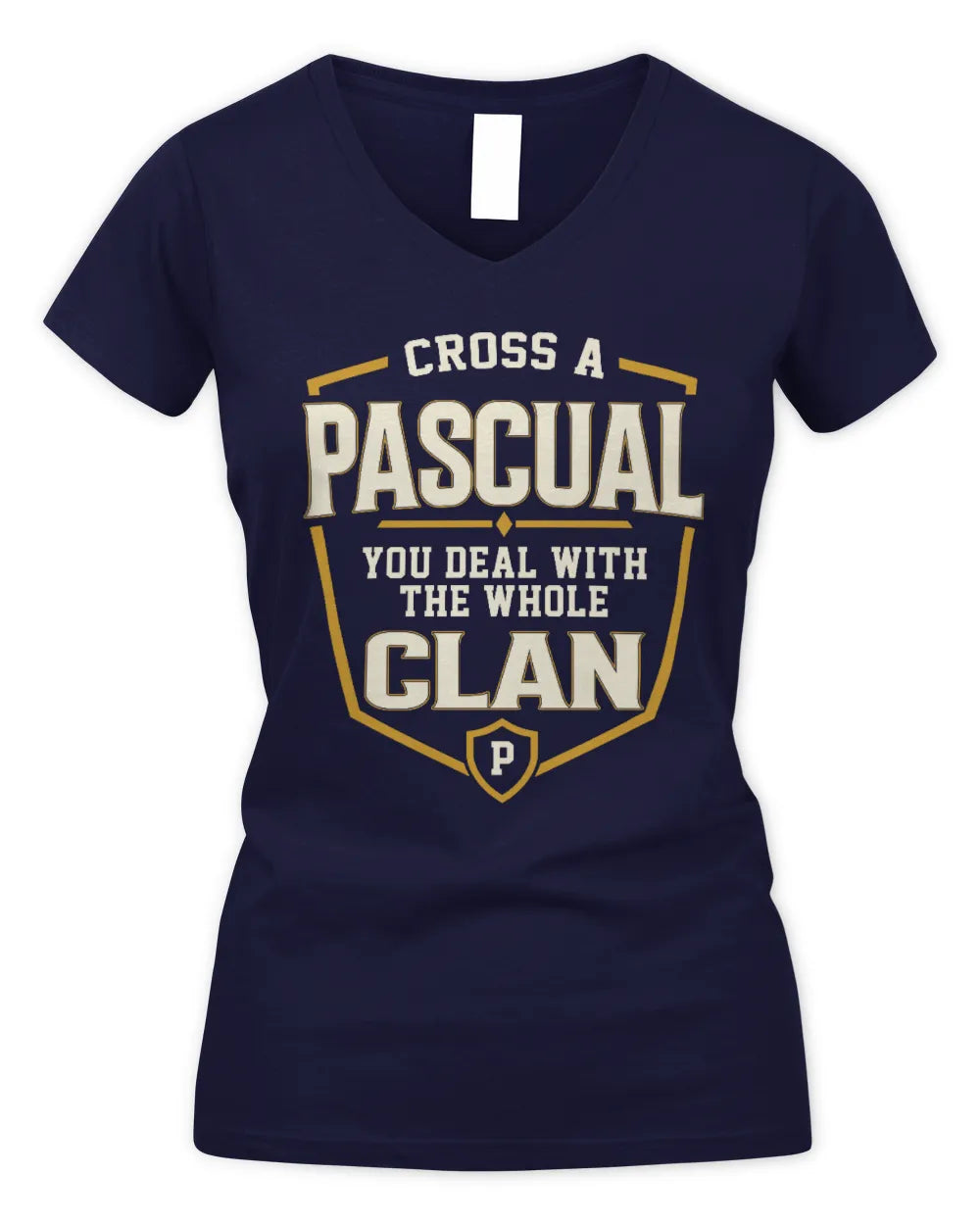 PASCUAL NT1-K008 Cross A/An NAME, You Deal With the Whole Clan | Personalized Vintage T-Shirt - Women's V-Neck T-Shirt - Navy