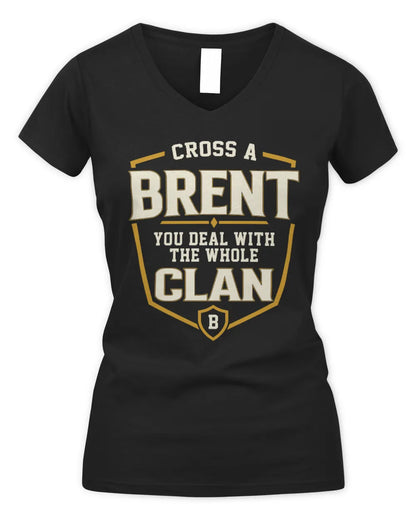BRENT NT1-K008 Cross A/An NAME, You Deal With the Whole Clan | Personalized Vintage T-Shirt - Women's V-Neck T-Shirt - Black