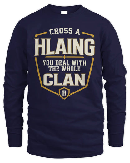 HLAING NT1-K008 Cross A/An NAME, You Deal With the Whole Clan | Personalized Vintage T-Shirt - Men's Long Sleeved T-Shirt - Navy