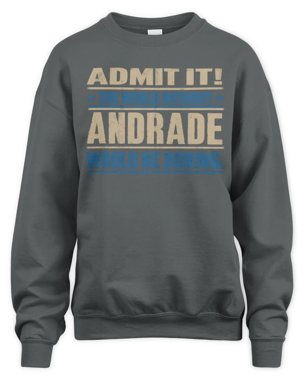ANDRADE TP68-K2-968 – Personalized Funny Quote Apparel “The World Without NAME Would Be Boring” - Unisex Sweatshirt - Charcoal