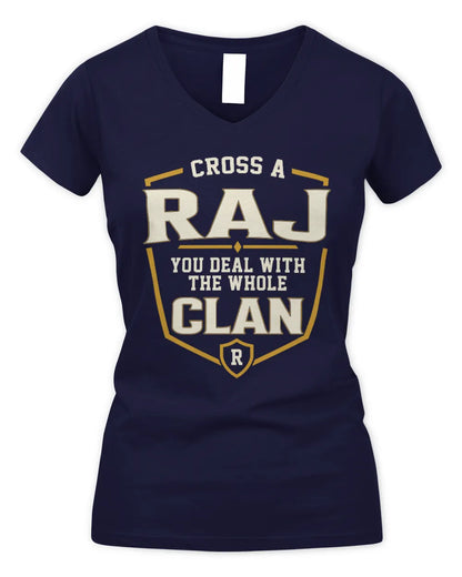 RAJ NT1-K008 Cross A/An NAME, You Deal With the Whole Clan | Personalized Vintage T-Shirt - Women's V-Neck T-Shirt - Navy