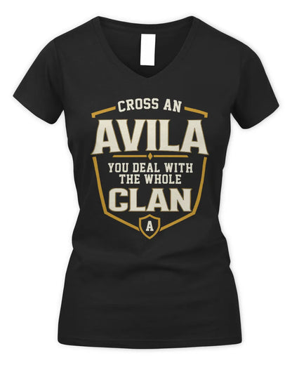 AVILA NT1-K008 Cross A/An NAME, You Deal With the Whole Clan | Personalized Vintage T-Shirt - Women's V-Neck T-Shirt - Black