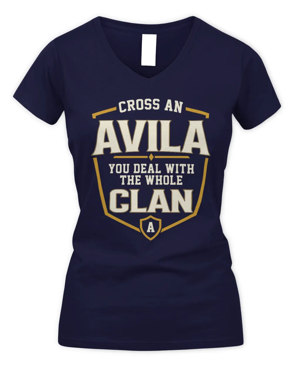 AVILA NT1-K008 Cross A/An NAME, You Deal With the Whole Clan | Personalized Vintage T-Shirt - Women's V-Neck T-Shirt - Navy