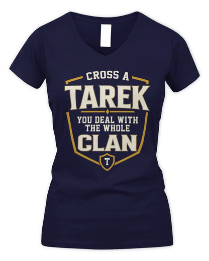 TAREK NT1-K008 Cross A/An NAME, You Deal With the Whole Clan | Personalized Vintage T-Shirt - Women's V-Neck T-Shirt - Navy