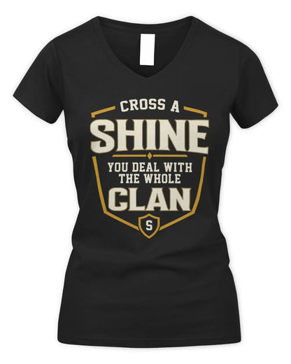 SHINE NT1-K008 Cross A/An NAME, You Deal With the Whole Clan | Personalized Vintage T-Shirt - Women's V-Neck T-Shirt - Black