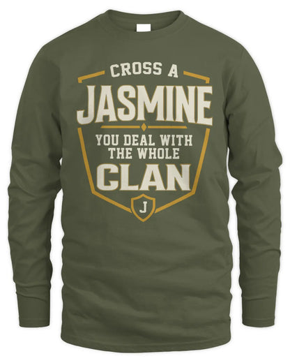 JASMINE NT1-K008 Cross A/An NAME, You Deal With the Whole Clan | Personalized Vintage T-Shirt - Men's Long Sleeved T-Shirt - Military Green