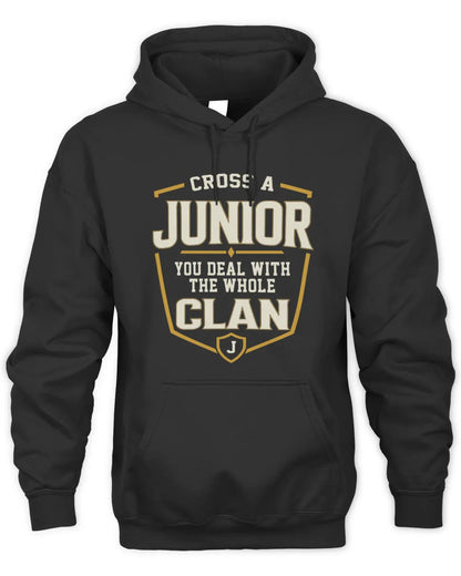 JUNIOR NT1-K008 Cross A/An NAME, You Deal With the Whole Clan | Personalized Vintage T-Shirt - Unisex Hoodie - Black