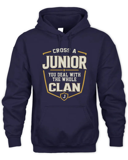 JUNIOR NT1-K008 Cross A/An NAME, You Deal With the Whole Clan | Personalized Vintage T-Shirt - Unisex Hoodie - Navy
