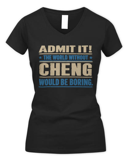 CHENG TP68-K2-968 – Personalized Funny Quote Apparel “The World Without NAME Would Be Boring” - Women's V-Neck T-Shirt - Black