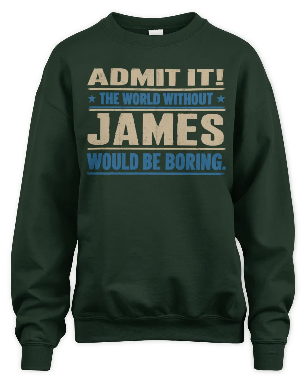JAMES TP68-K2-968 – Personalized Funny Quote Apparel “The World Without NAME Would Be Boring” - Unisex Sweatshirt - Forest Green