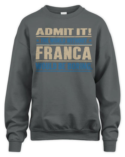 FRANCA TP68-K2-968 – Personalized Funny Quote Apparel “The World Without NAME Would Be Boring” - Unisex Sweatshirt - Charcoal