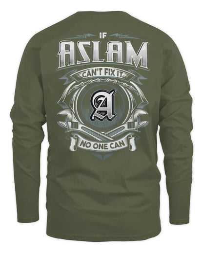 ASLAM AP81-K4-626 - Personalized Ahmed Quote Apparel “If Ahmed Can't Fix It, No One Can” - Men's Long Sleeved T-Shirt - Military Green