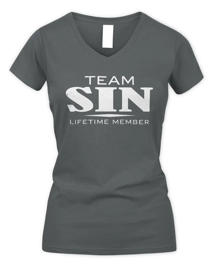 SIN BL62-K4-128 - Personalized “Team NAME Lifetime Member” - Women's V-Neck T-Shirt - Charcoal
