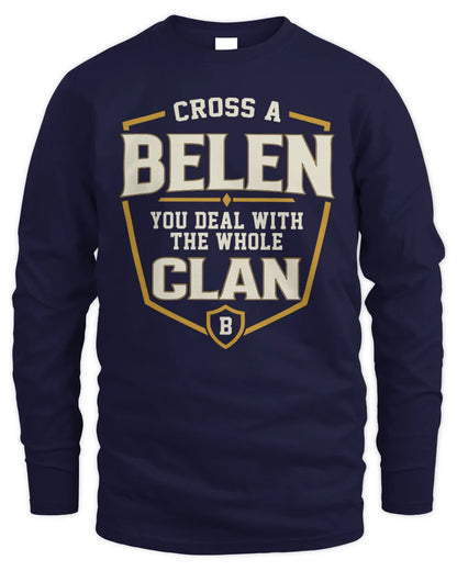 BELEN NT1-K008 Cross A/An NAME, You Deal With the Whole Clan | Personalized Vintage T-Shirt - Men's Long Sleeved T-Shirt - Navy
