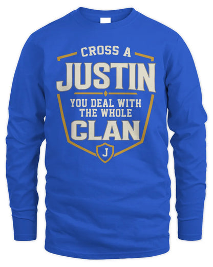 JUSTIN NT1-K008 Cross A/An NAME, You Deal With the Whole Clan | Personalized Vintage T-Shirt - Men's Long Sleeved T-Shirt - Royal