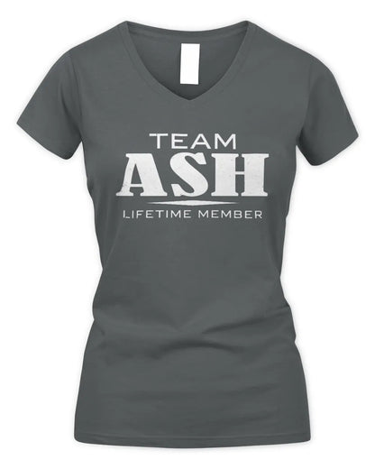 ASH BL62-K4-128 - Personalized “Team NAME Lifetime Member” - Women's V-Neck T-Shirt - Charcoal