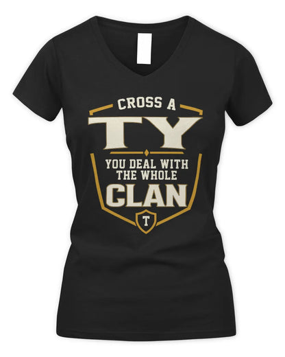 TY NT1-K008 Cross A/An NAME, You Deal With the Whole Clan | Personalized Vintage T-Shirt - Women's V-Neck T-Shirt - Black