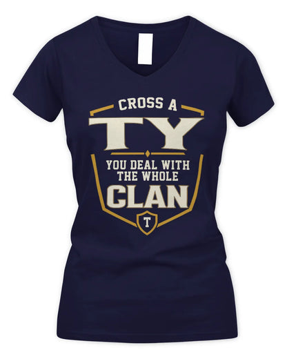 TY NT1-K008 Cross A/An NAME, You Deal With the Whole Clan | Personalized Vintage T-Shirt - Women's V-Neck T-Shirt - Navy