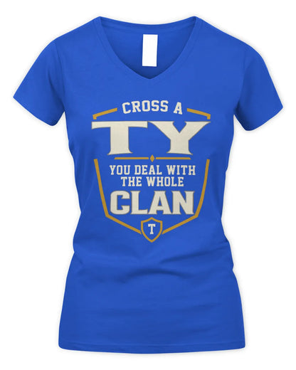 TY NT1-K008 Cross A/An NAME, You Deal With the Whole Clan | Personalized Vintage T-Shirt - Women's V-Neck T-Shirt - Royal