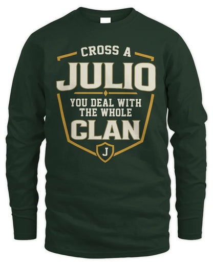 JULIO NT1-K008 Cross A/An NAME, You Deal With the Whole Clan | Personalized Vintage T-Shirt - Men's Long Sleeved T-Shirt - Forest Green