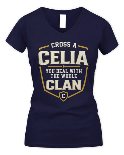 CELIA NT1-K008 Cross A/An NAME, You Deal With the Whole Clan | Personalized Vintage T-Shirt - Women's V-Neck T-Shirt - Navy