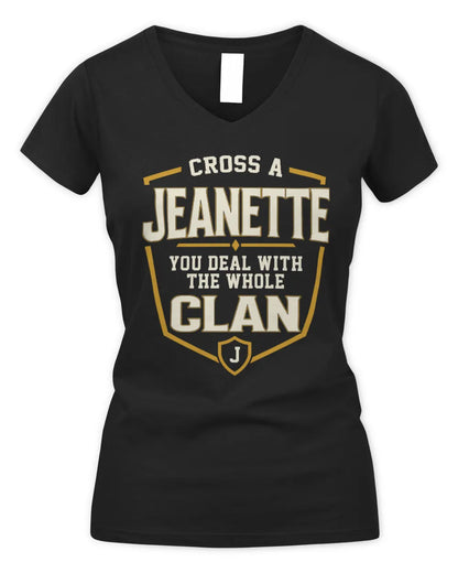 JEANETTE NT1-K008 Cross A/An NAME, You Deal With the Whole Clan | Personalized Vintage T-Shirt - Women's V-Neck T-Shirt - Black