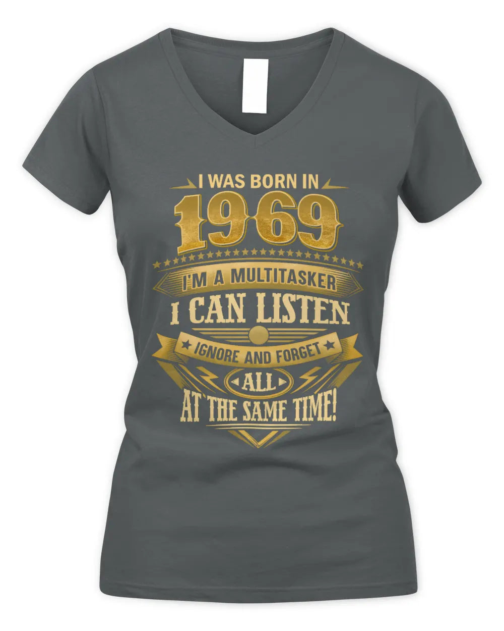 1969 HH89-K2 – Funny Birth Year Multitasker Quote T-Shirt - Women's V-Neck T-Shirt - Charcoal